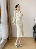 Hollow Lace Patchwork Midi Dresses for Women 2023 Autumn New Elegant Evening Prom Party Long Sleeve Slim Female