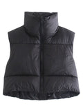 Women Fashion Brown Cropped Vest Coat Female Stand Collar Zipper Waistcoat Ladies Casual