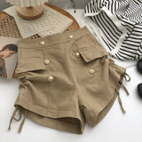 Waist short Pants Women's Summer Double Breasted Metal Decoration Fake Pocket High Street Casual Drawstring A-shaped