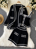 Long Sleeve V Neck Cardigan Jacket + Sling Vest + High Waist Shorts High Quality Chic Button Knitted Vintage 3 Piece