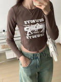 Shoulder Round Collar Long-Sleeved T-Shirt Women's Early Autumn New High-Waisted Spicy Girls Short Style