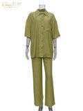 Causal Loose Trouser Suits Autumn Short Sleeve Blouse With High Wasit Pants Set Women Elegant Brown 2 Piece Pants