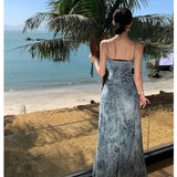 Zingj New Chinese Style Cold Sense Tie-Dye Ink Blue Halter Dress Temperament Shows White Chinese Style And Literary