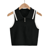 New Summer Lapel With Color Zipper Knitted Vest Shows The Navel Short Style