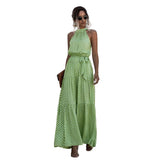 Dot Printed Lace Up Halter Tied Long
