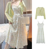 Zingj / Large Size Female Autumn Fat Mm Gentle Wind Embroidery Floral Strap Closed Waist Sling Dress Two Suits 200 Jin-Outfit