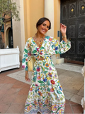 Flower Print Summer Women Long Dress Fashion Long Sleeves V-neck Cut Out A-line Dresses 2024 Female Summer Vacation