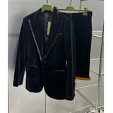 Spring Luxury 2 Piece Velvet Blazer Set Women Long Sleeve Turn Down Collar Blazer High End High Waist Knee Length Suit