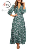 Chiffon Long Dress Floral Print Lantern Sleeve A-line Maxi Vestidos Autumn New Elegant Vintage V Neck Winter