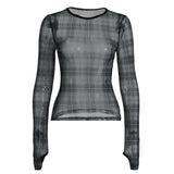 Zingj And Spicy Retro Black And Gray Color Plaid Perspective Slim Short Mesh T-Shirt Autumn Personality Show Thin Versatile