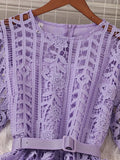 Vintage Women Hollow Out Lace Ruffle Long Dress Elegant Round Neck Short Sleeve High Waist Slim Maxi Party Vestidos