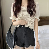 Women Office Lady Sweet Hollow Out Casual O-neck Puff Sleeve Trendy All-match Ins Popular Tops Tee Korean Style