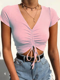 V Neck Cropped Tank Tops Women Drawstring Tie Up Front Camis Candy Colors Streetwear Slim Fit Ribbed Crop Top