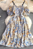 Vintage Slash Neck Off Shoulder Printed Dress Elegant Puff Short Sleeve High Waist A-Line Spaghetti Strap Vestidos