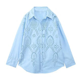 Women's Lapel Hollowed-Out Embroidery Long-Sleeved Single-Breasted Shirt