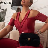 Women Elegant Solid Sashes Zipper Cold Shoulder Short Sleeves Bodycon Skinny Red