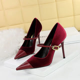 Zingj Banquet High Heels Fine Heel Shallow Pointed Top Xishi Suede Stitching Pointed Metal Buckle One Word Strip Single
