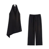 Women's Clothing Neck Tie Minimalist Top + Mid-Rise Loose Trousers