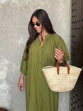 Loose Solid Single Breasted Maxi Dress For Women Elegant V Neck Long Sleeved Dresses 2024 New Fashion Female Commute