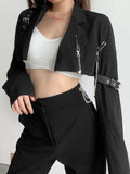 SUCHCUTE Women's Blazer Metal Chain Cropped Coat Blazer Jacket Vintage Aesthetics Bandage Black Ladies Office 90s Short