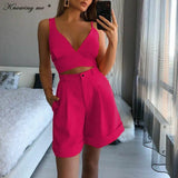 sleeveless short set Women Sexy backless Strap 2Pieces Set deep V neck Crop Top+High Waist Button Shorts Female solid