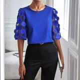 Zingj Wise Hot Style Round Collar Hollow Short-Sleeved Top Casual Lace Splicing