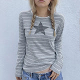 Striped Five-Pointed Star Leisure T-Shirt Women's Autumn Daily Simple Commuter Star Hit Color Long-Sleeved
