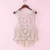 Knitted Vests Women Deep V-neck Slim Single Breasted Hollow Out Sleeveless Outwear Hook Flower Vintage Waistcoats