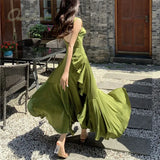 2022 Summer Women Long Satin Dress Sleeveless Sexy Backless Green Silk Slit Ruffle Maxi Beach