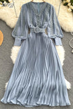 Women Lace Patchwork Pleated Chiffon Long Dress Autumn Winter Red/Black/Blue Draped Party Vestidos With Sashes Female Robe