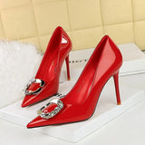 Zingj Banquet Rhinestone Belt Buckle Women's Shoes Patent Leather Shallow Pointed High Heel Single