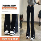 Zingj Waist Jeans Female Spring And Autumn New Slim Slim Straight Wide Leg Open Slit Micro Bell Pants-Outfit