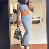 Women's Summer 2 Pieces Set Solid Color Sleeveless Round Neck Cropped Navel Short Tops + Soft Abdominal Long