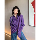 Purple Striped Shirt Fashion Women Blouses 2023 Casual Youth Long Sleeve Tunics Women's Clothing Spring Summer 2023