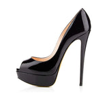 Women's Large-Size, High-Heel, Waterproof, Fish Mouth, Lacquered Leather, Single Shoes