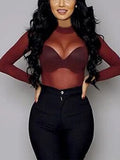 Women Blouses See Through Transparent Mesh Stand Neck Long Sleeve Sheer Blouse Shirt Ladies Tops