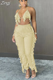 Y2K Tassel Women's Two Piece Sets Summer Halter Backless Crop Top And Pants Matching Sets Solid Slim Casual