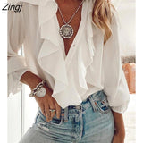 Women Fashion Elegant White Ruffles Casual V Neck Blouse Shirts Solid Buttoned Ruffles Button Design Long Sleeve