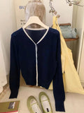 Gentle Little Gold Bean Buckle Hit Color V-Collar Knitted Cardigan Women's Spring Leisure Outfit Shows Thin Korean Style