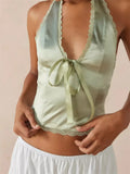 Sexy Women Satin Halter Mini Vest Lace Trim Front Bowknot V-Neck Backless Cropped Camis Off Shoulder Party Tank