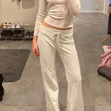 Zingj Style Design Sense Turned Waist Solid Color Knit Pants Women's Low Waist White Loose Straight Tube Casual