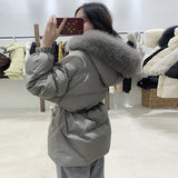 Korean Version Sweet Horn Buckle Down Jacket Female Long Winter New Fox Big Hair Collar Thick Warm Coat Tide-Outfit