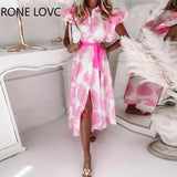 Women Casual Graphic Flying Sleeves Button and Tape Midi