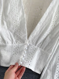 Hollow Out Women's Blouse Elegant Deep V-Neck Slim Short Shirts Female Puff Long Sleeve White Tops Autumn 2023 Blusas
