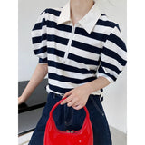 Neck Striped Puff Sleeve Half Zipper T Shirt Black White Color Block Summer Korean Style Short Sleeve Women