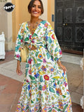 Flower Print Summer Women Long Dress Fashion Long Sleeves V-neck Cut Out A-line Dresses 2024 Female Summer Vacation
