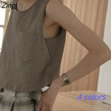 Colors Tanks Women Pockets Basic Simple Korean Style Chic Trendy Ulzzang All-match Female Crop Top Summer Teen College BF