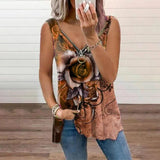 Women V Neck Zipper Sleeveless Top Summer Sexy Women Rose Printed T Shirt Fashion Loose Casual Plus Size Shirts