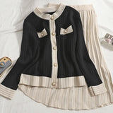Autumn Women's Knitted 2 Piece Set Chic Office Ladies Single Breasted Cardigan Sweater + Pleated Knee-Length Skirt