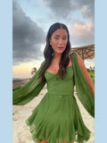 Green Pleated Mini Dress For Women Summer Sexy V-neck Split Long Sleeve A-line Dresses 2024 Casual Lady Beach